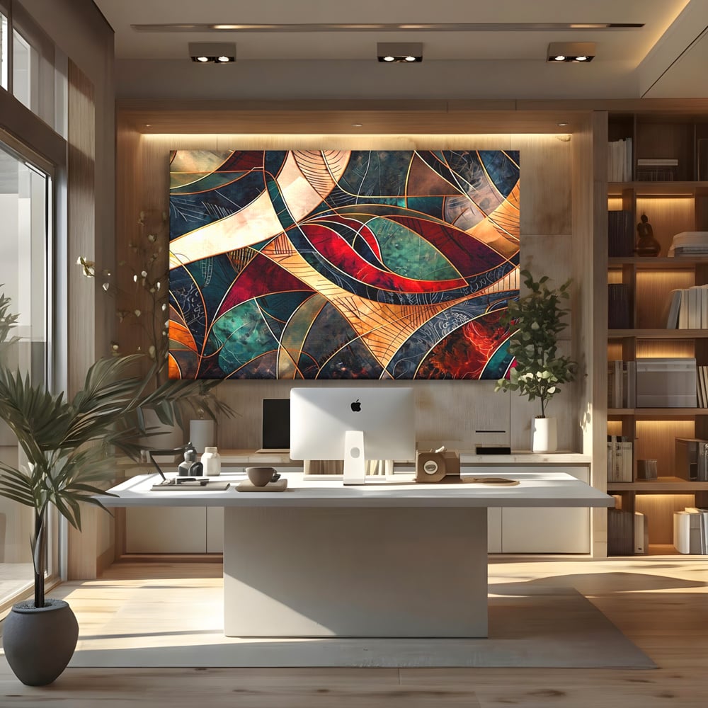 Tablou canvas cu tablou abstract cu linii aurii, fara rama, pe sasiu de lemn, pe perete intr-un birou
